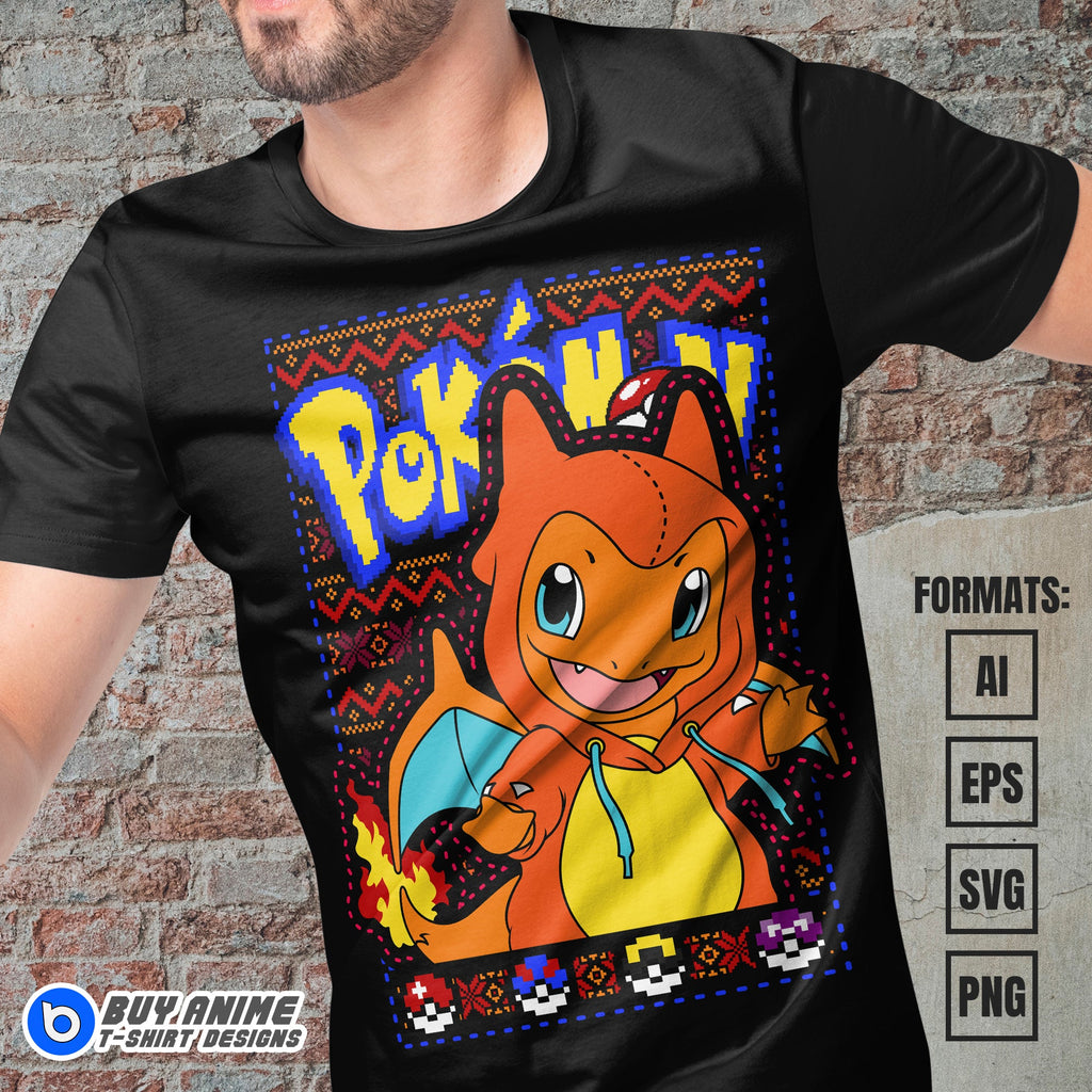 Premium Charmander Christmas Pokemon Anime Vector T-shirt Design Template