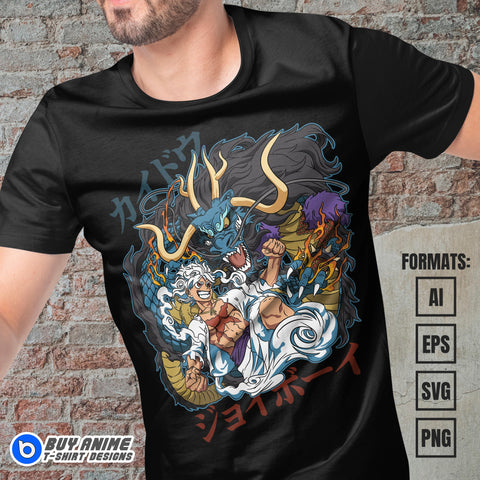 Premium Luffy Gear 5 x Kaido One Piece Anime Vector T-shirt Design Template