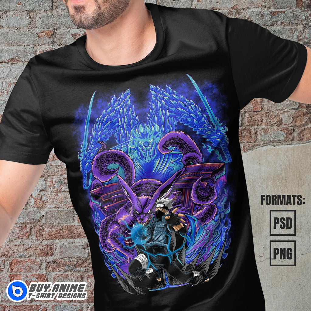 Premium Kakashi x Kurama Naruto Anime Vector T-shirt Design Template